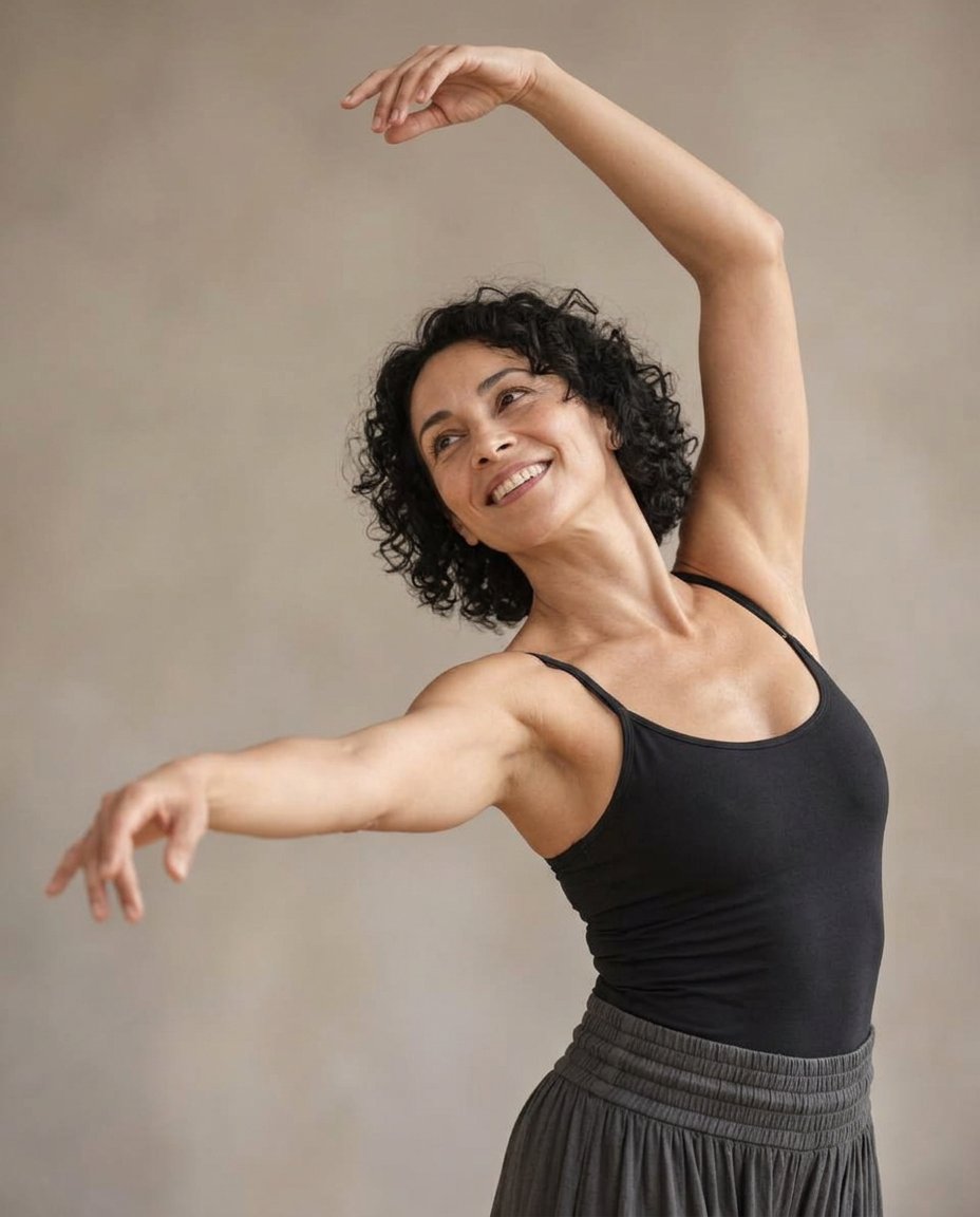 Illustrative close-up of a smiling adult dancer making a graceful arm gesture against a neutral background