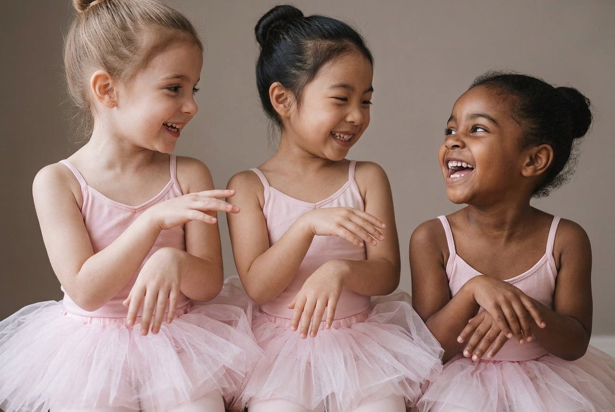 Illustrative close-up of three joyful preschool ballet dancers in pink tutus sharing a playful moment against a softly blurred neutral background