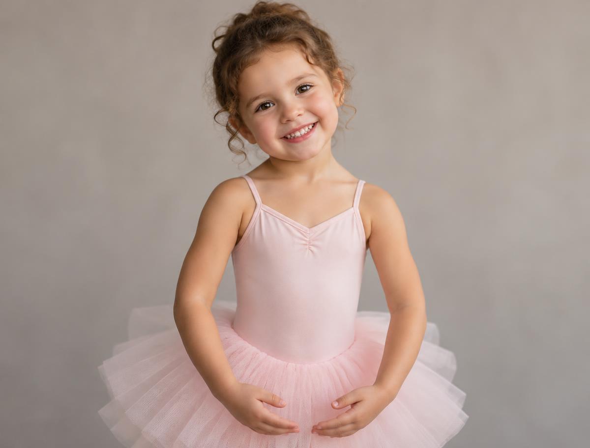 Illustrative close-up of a joyful preschool ballerina in a pink tutu holding her hands in ballet position against a neutral blurred background