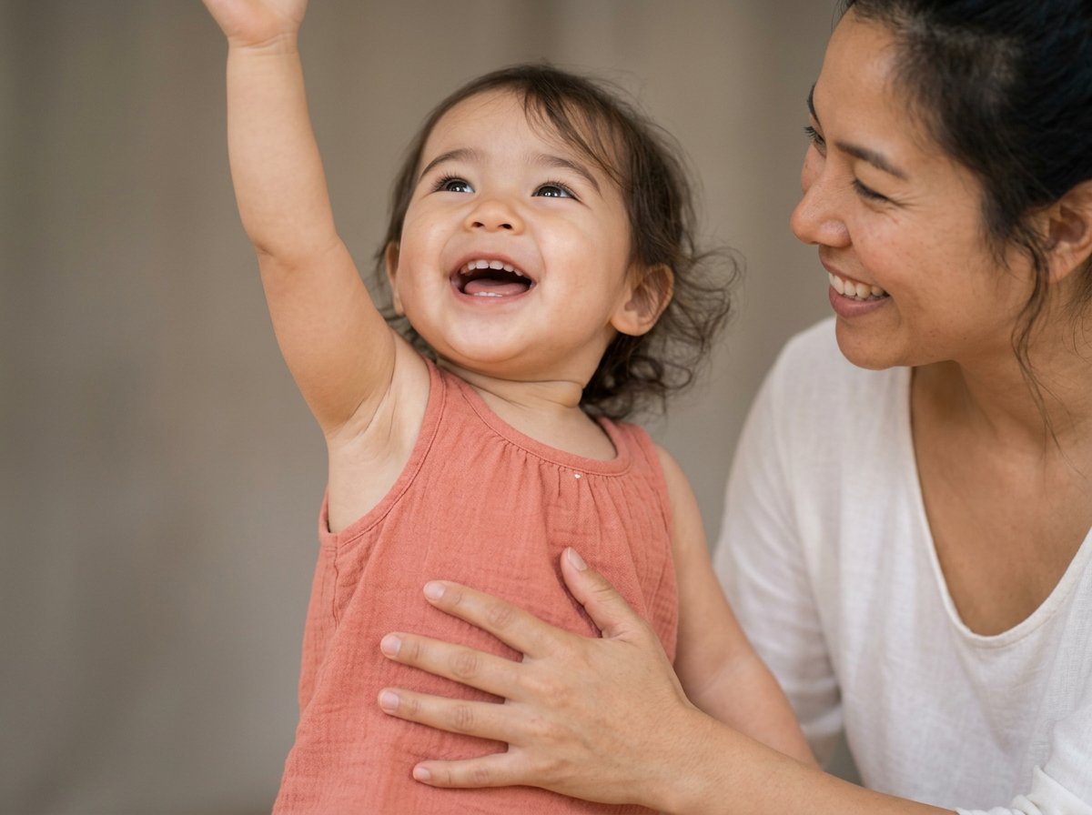 Illustrative close-up of a joyful toddler reaching upward with an encouraging parent